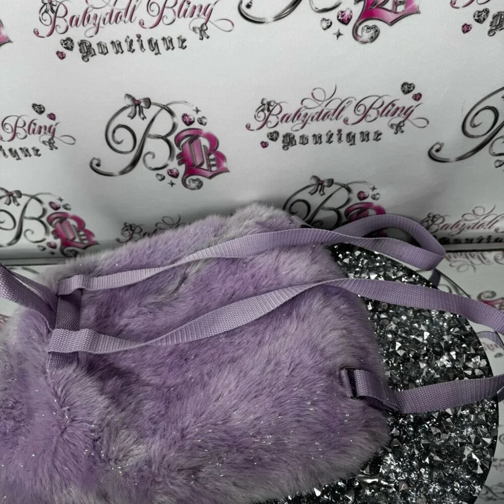 Furry backpack sparkly shimmer purple holographic Pom poms Faux Fur Backpack